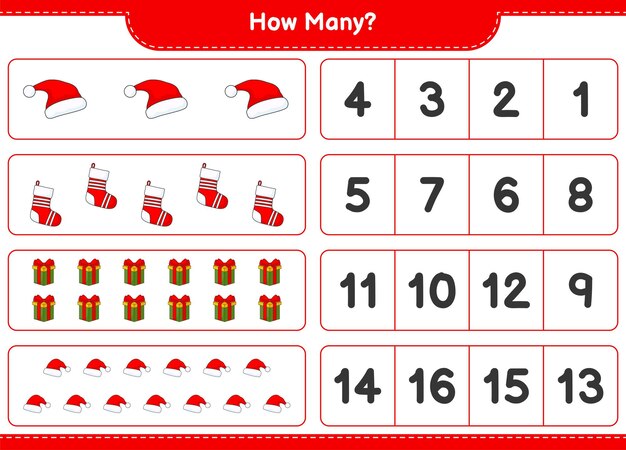 Contando el juego, cuántos gorro de Papá Noel, caja de regalo y calcetín de Navidad. Juego educativo para niños, hoja de trabajo imprimible, ilustración vectorial