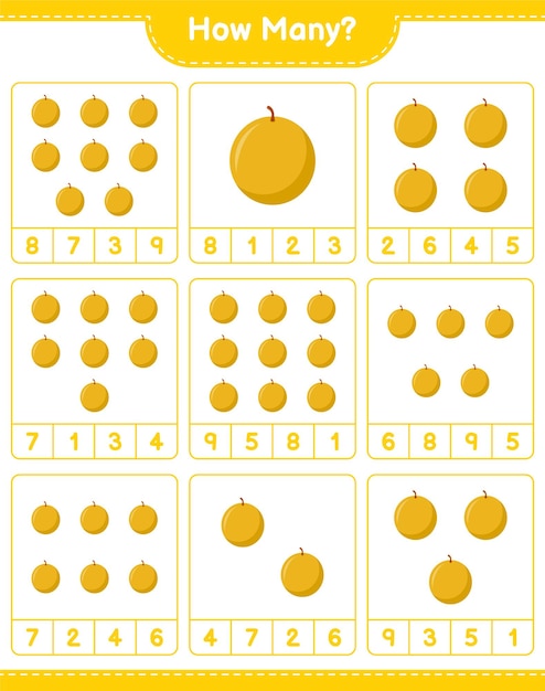 Contando juego, cuántos Honey Melon. Juego educativo para niños, hoja de trabajo imprimible