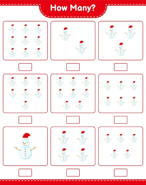 Contando juego, cuántos muñeco de nieve. juego educativo para niños, hoja de trabajo imprimible, ilustración