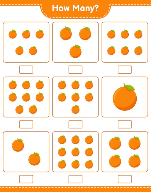 Contando juego, cuántos naranjas. juego educativo para niños, hoja de trabajo imprimible