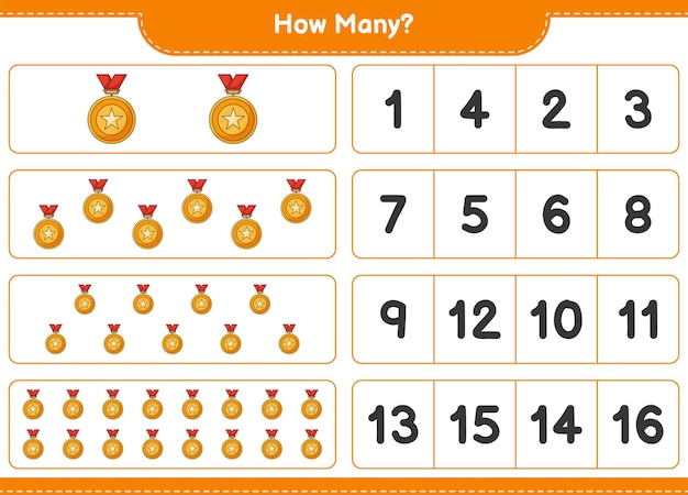Contando el juego, cuántos trofeos. Juego educativo para niños, hoja de trabajo imprimible, ilustración vectorial