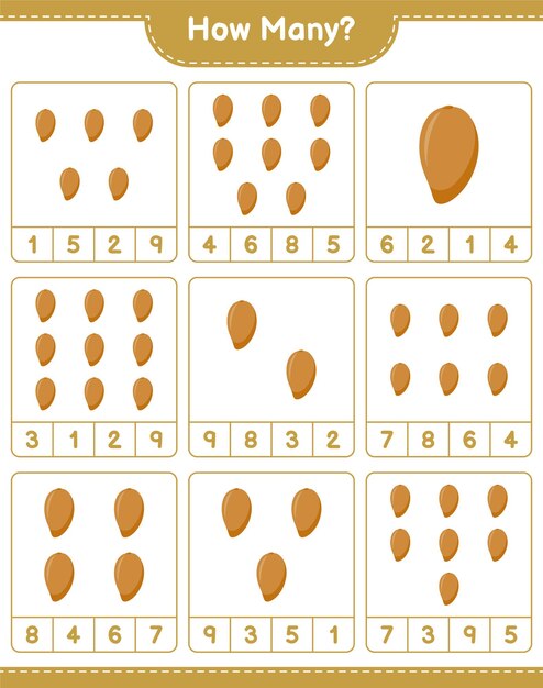 Contando juego, cuantos Zapote. Juego educativo para niños, hoja de trabajo imprimible
