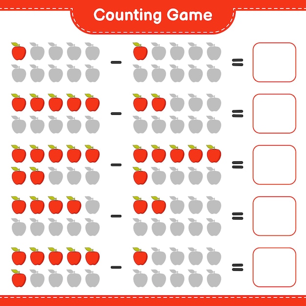 Contando el juego, cuenta el número de Apple y escribe el resultado. Juego educativo para niños, hoja de trabajo imprimible