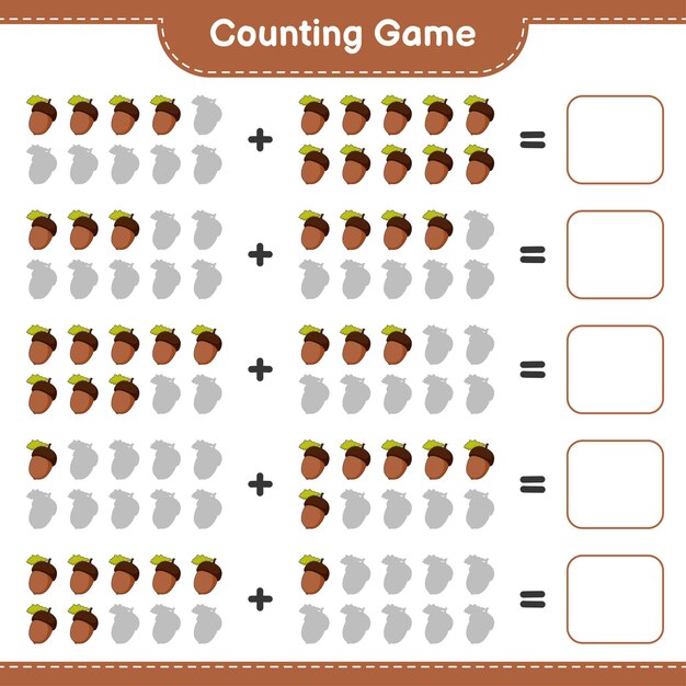 Contando el juego, cuenta el número de Bellota y escribe el resultado. Juego educativo para niños, hoja de trabajo imprimible