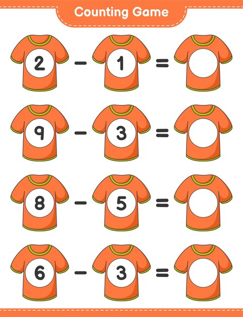 Contando el juego, cuenta el número de camiseta y escribe el resultado. Juego educativo para niños, hoja de trabajo imprimible
