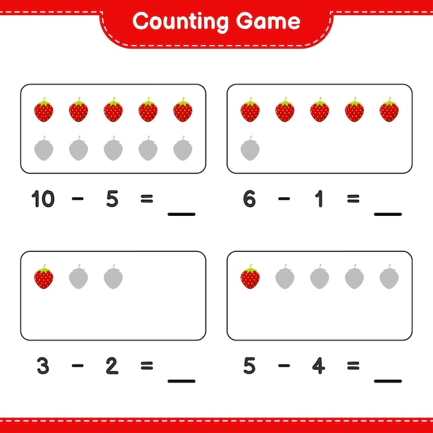 Contando el juego, cuenta el número de fresa y escribe el resultado. Juego educativo para niños, hoja de trabajo imprimible