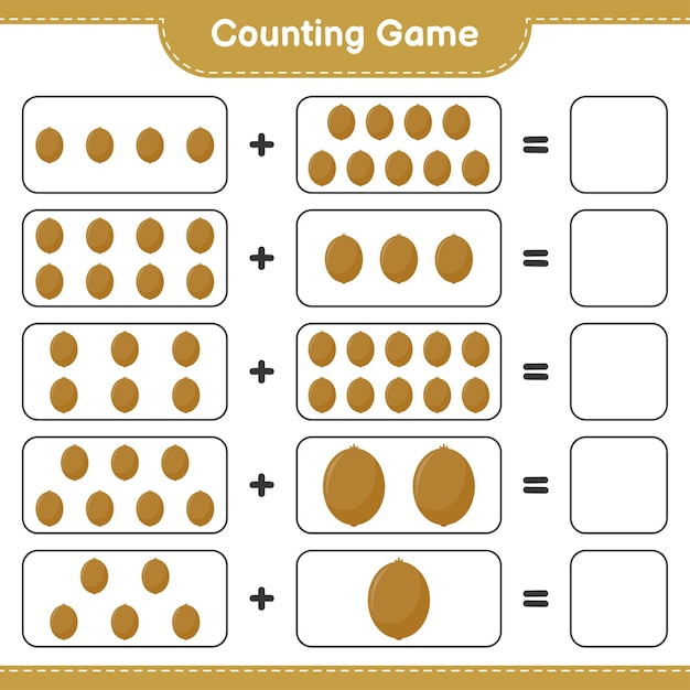 Contando el juego, cuenta el número de kiwi y escribe el resultado.