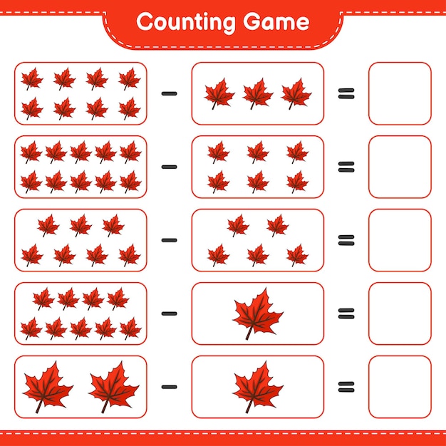 Contando el juego, cuenta el número de Maple Leaf y escribe el resultado. Juego educativo para niños, hoja de trabajo imprimible