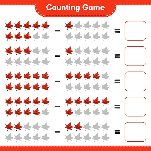 Contando el juego, cuenta el número de Maple Leaf y escribe el resultado. Juego educativo para niños, hoja de trabajo imprimible