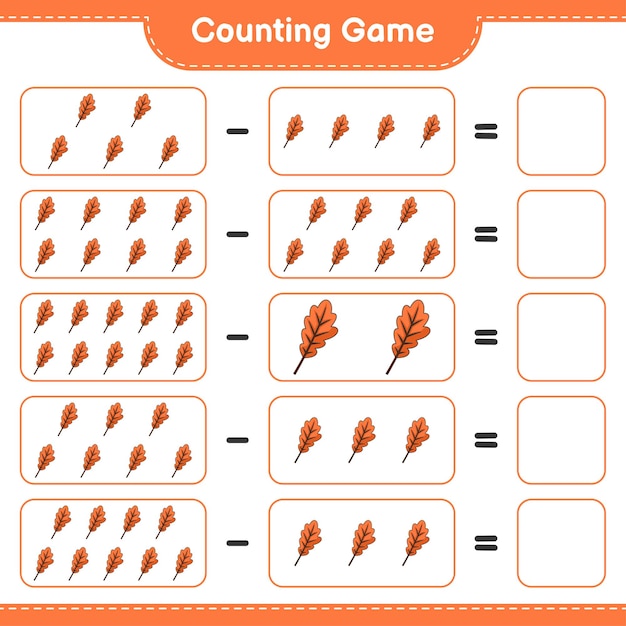 Contando el juego, cuenta el número de Oak Leaf y escribe el resultado. Juego educativo para niños, hoja de trabajo imprimible