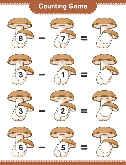 Contando el juego, cuenta el número de Shiitake y escribe el resultado. Juego educativo para niños, hoja de trabajo imprimible