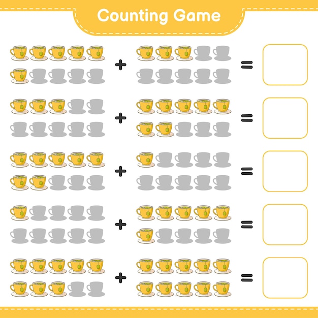 Contando el juego, cuenta el número de taza de té y escribe el resultado. Juego educativo para niños, hoja de trabajo imprimible