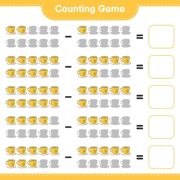 Contando el juego, cuenta el número de taza de té y escribe el resultado. juego educativo para niños, hoja de trabajo imprimible