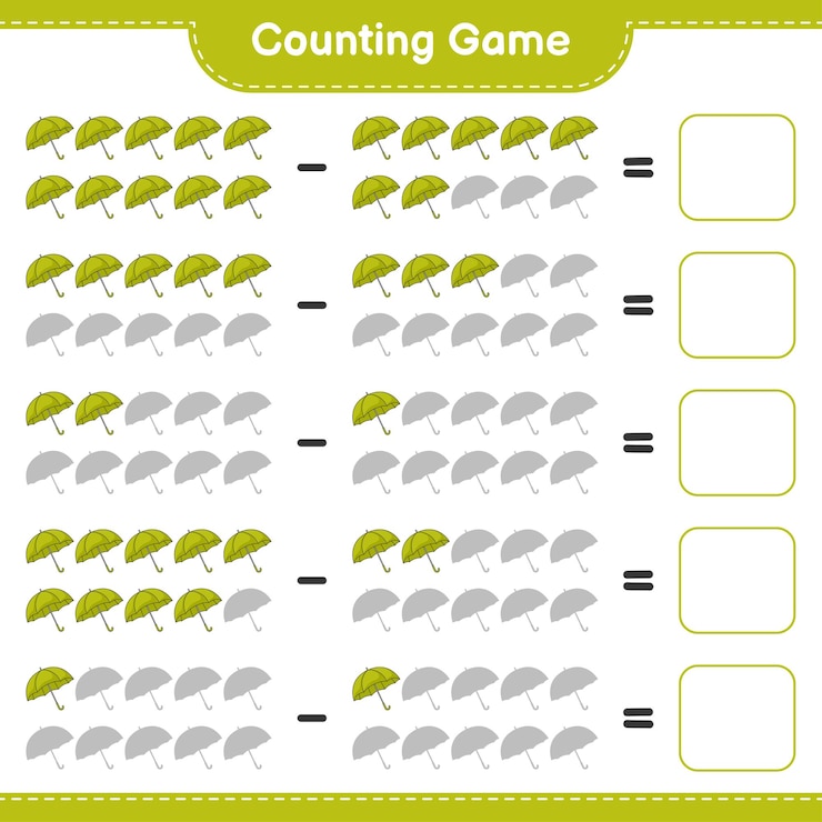 Vector contando juego, cuenta el número de umbrella y escribe el resultado. juego educativo para niños, hoja de trabajo imprimible