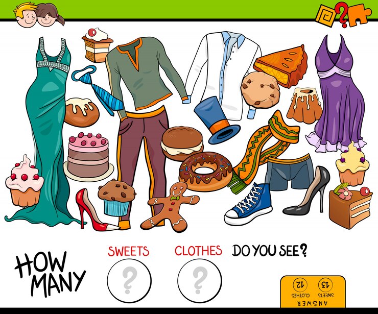 Vector contando juego educativo de dulces y ropa