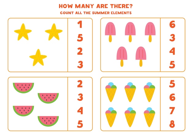Contando juego con elementos de verano de dibujos animados. Hoja de trabajo de matemáticas.