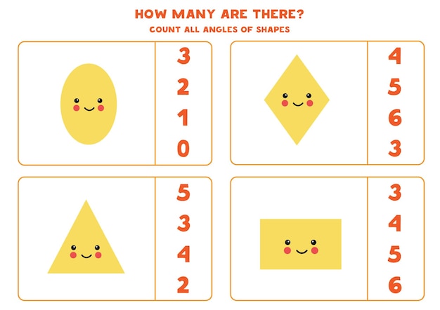 Contando juego con lindas formas geométricas kawaii. Cuenta el número de ángulos.