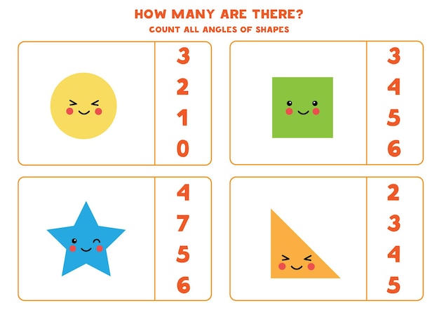 Contando juego con lindas formas geométricas kawaii. Cuenta el número de ángulos.