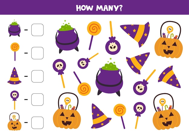 Contando juego con lindas imágenes de Halloween. Hoja de trabajo de matemáticas.