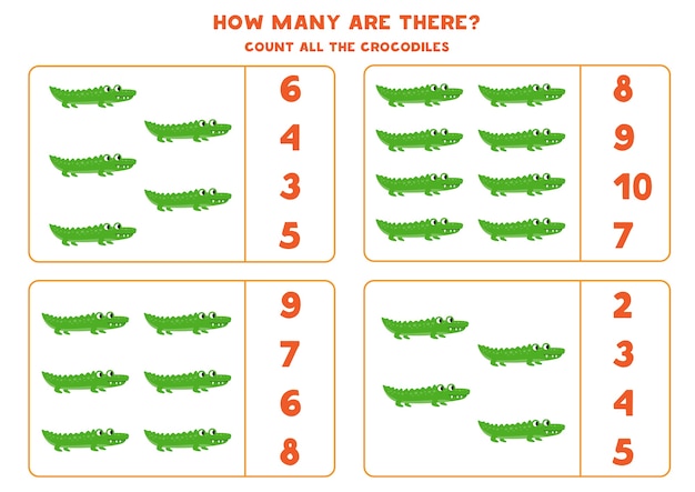 Contando juego para niños. cuenta todos los cocodrilos lindos. hoja de trabajo para niños.