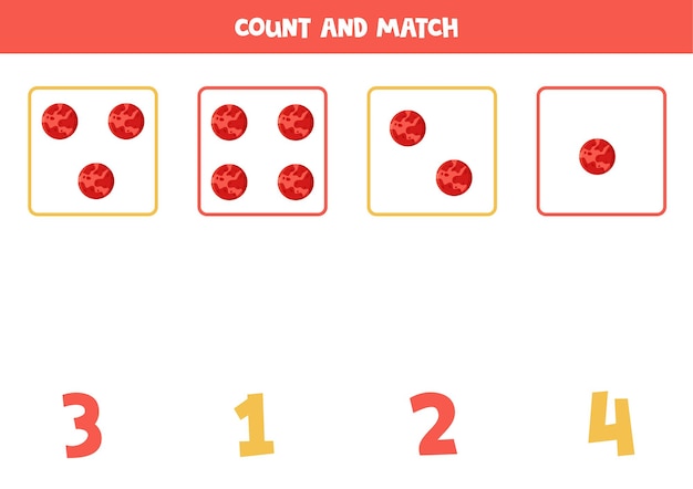 Contando juego para niños. cuenta todos los planetas marte y empareja con el número. hoja de trabajo para niños.