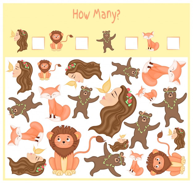 Contando juego para niños en edad preescolar. Un juego educativo matemático. Cuenta cuántos elementos y escribe el resultado. Animales salvajes y domésticos. Naturaleza.