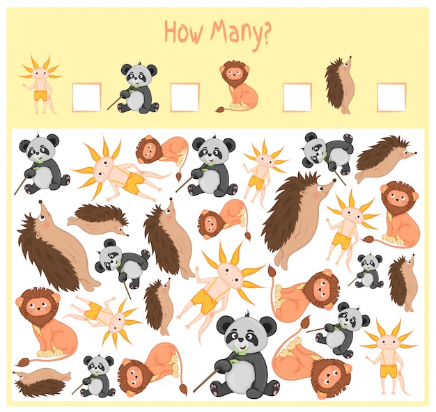 Contando juego para niños en edad preescolar. Un juego educativo matemático. Cuenta cuántos elementos y escribe el resultado. Animales salvajes y domésticos. Naturaleza.