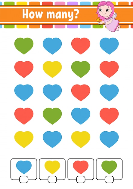 Contando juego para niños. Personajes felices. Aprendiendo matemáticas. Cuántos objetos en la imagen.