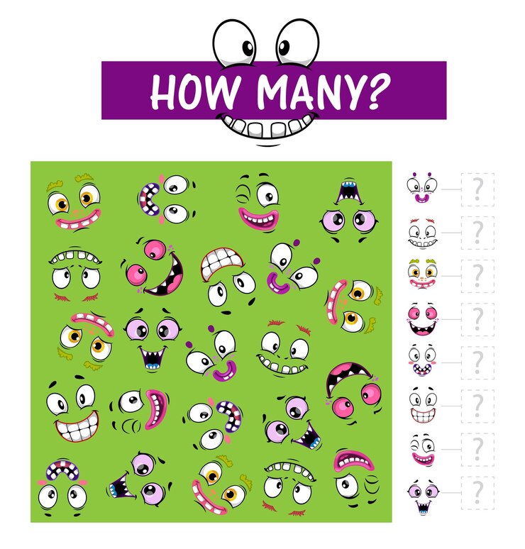 Vector contando juego o rompecabezas con caras de monstruos.