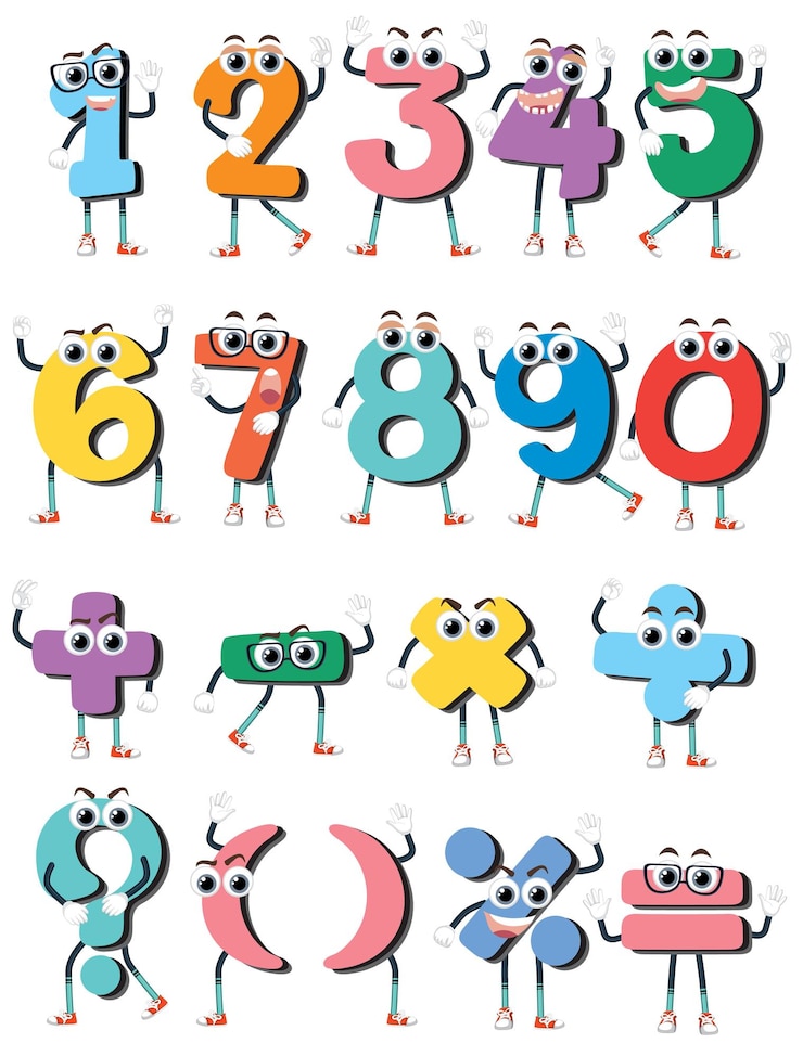 Vector contando números del 0 al 9 y símbolos matemáticos para niños