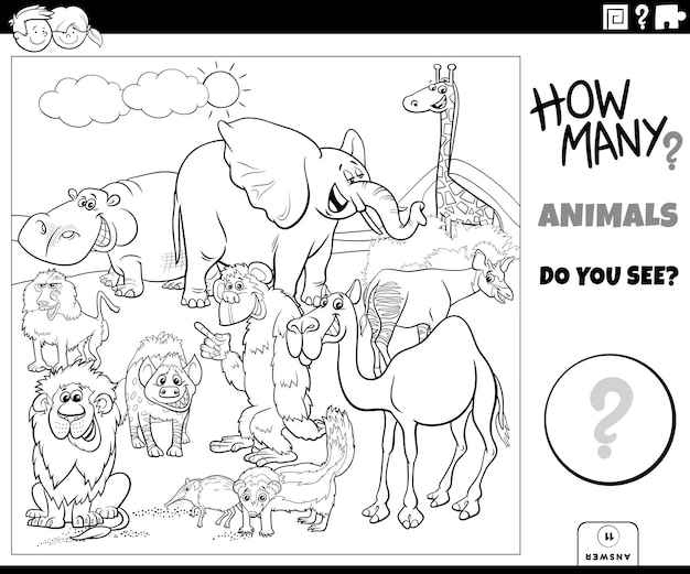 Contar animales de dibujos animados juego educativo para colorear página