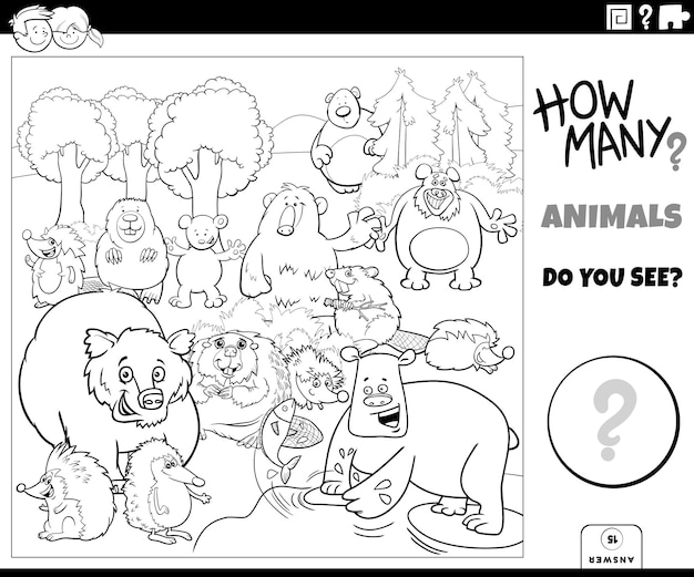 Contar animales de dibujos animados juego educativo para colorear página