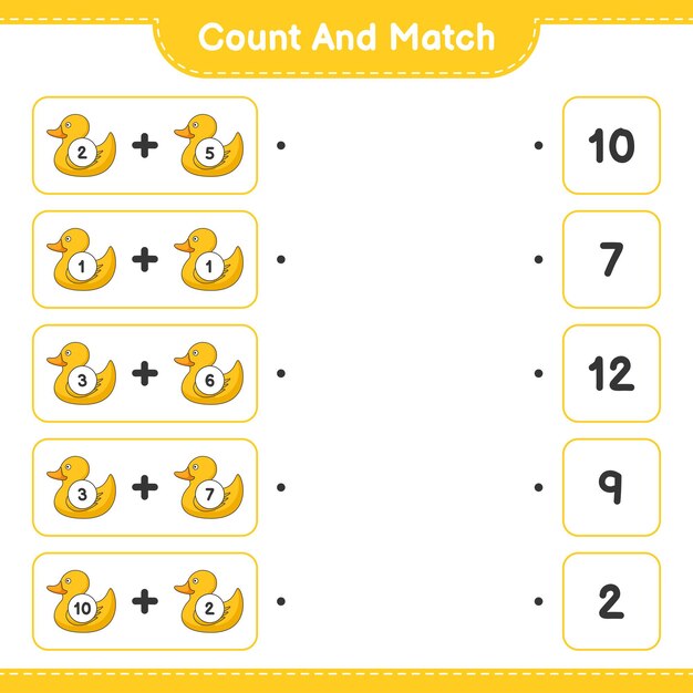 Vector contar y combinar, contar el número de patitos de goma y combinar con los números correctos