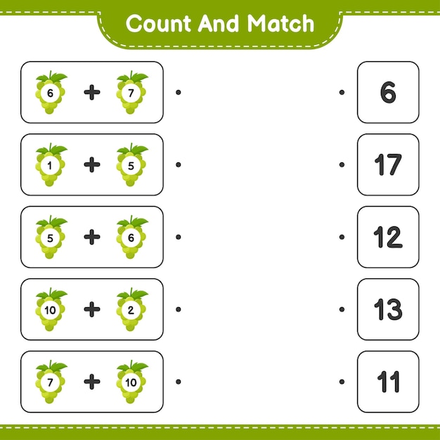 Vector contar y combinar, contar el número de uvas y combinar con los números correctos. juego educativo para niños, hoja de trabajo imprimible.