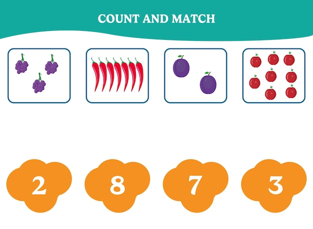 Vector contar y combinar juego educativo de matemáticas para niños diseño de hoja de trabajo imprimible para estudiantes de preescolar