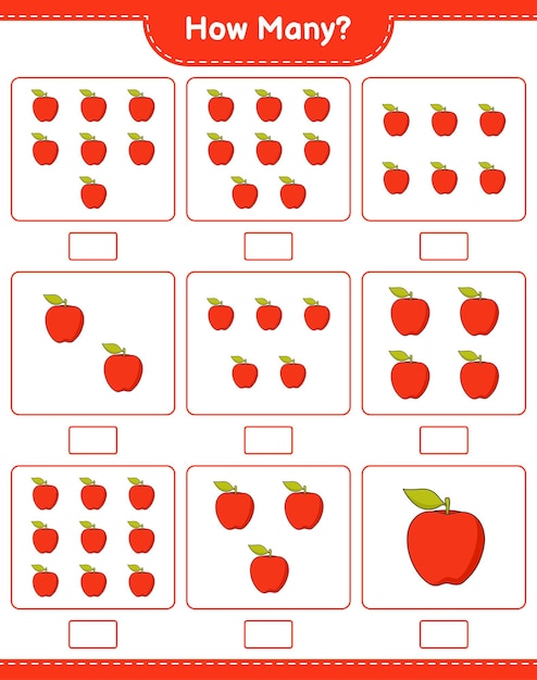 Contar juego, cuántos apple. juego educativo para niños, hoja de trabajo imprimible, ilustración vectorial