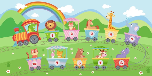 contar tren con animales viaja en rieles a través del campo educación para niños vector escolar en blanco