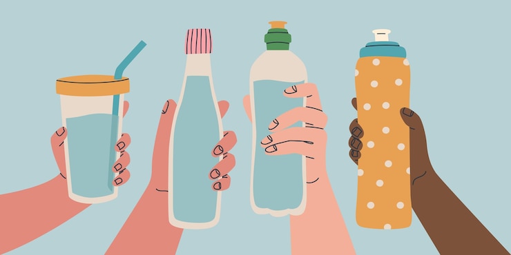 Vector contenedor de agua reutilizable varias poses de manos sosteniendo botella vaso botella de agua deportiva use su propia botella vector ilustración aislada para el diseño
