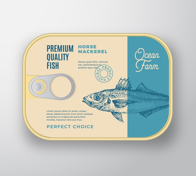 Contenedor de aluminio de pescado vectorial abstracto con tapa de etiqueta diseño de empaque enlatado premium retro tipografía moderna y diseño de fondo de silueta de caballa dibujada a mano