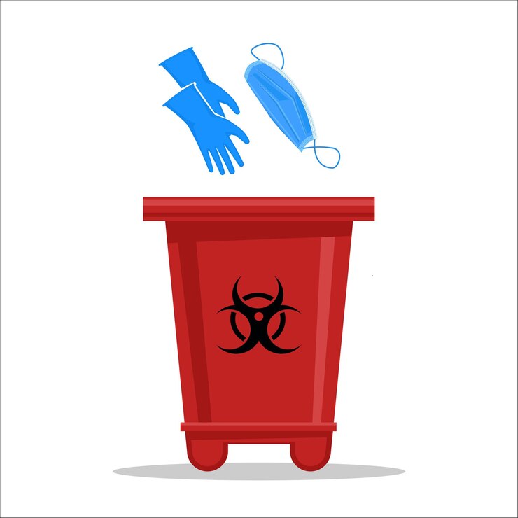Vector contenedor de basura rojo con la señal de peligro biológico para guantes de látex usados y máscaras quirúrgicas