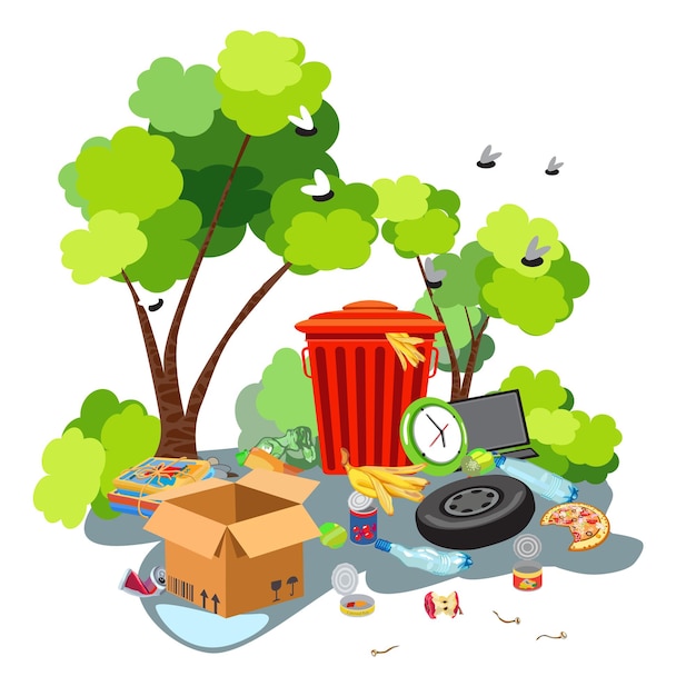 Vector un contenedor de basura con una variedad de basura sin clasificar contra un fondo de árboles verdes