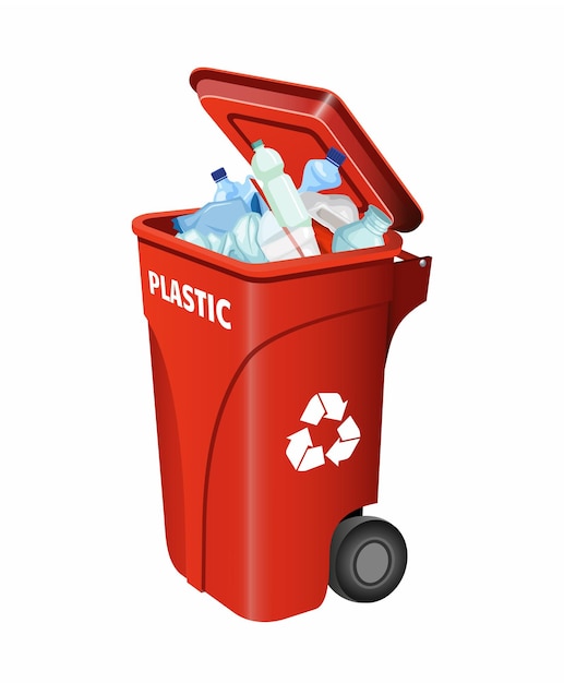 Contenedor de basura vector rojo para plástico con basura