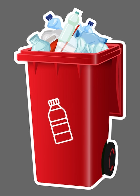 contenedor de basura vectorial rojo para plástico con basura