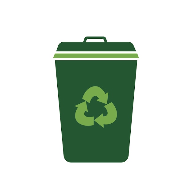 Un contenedor de basura verde con un letrero de reciclaje El concepto de reciclado de residuos de estilo plano vectorial
