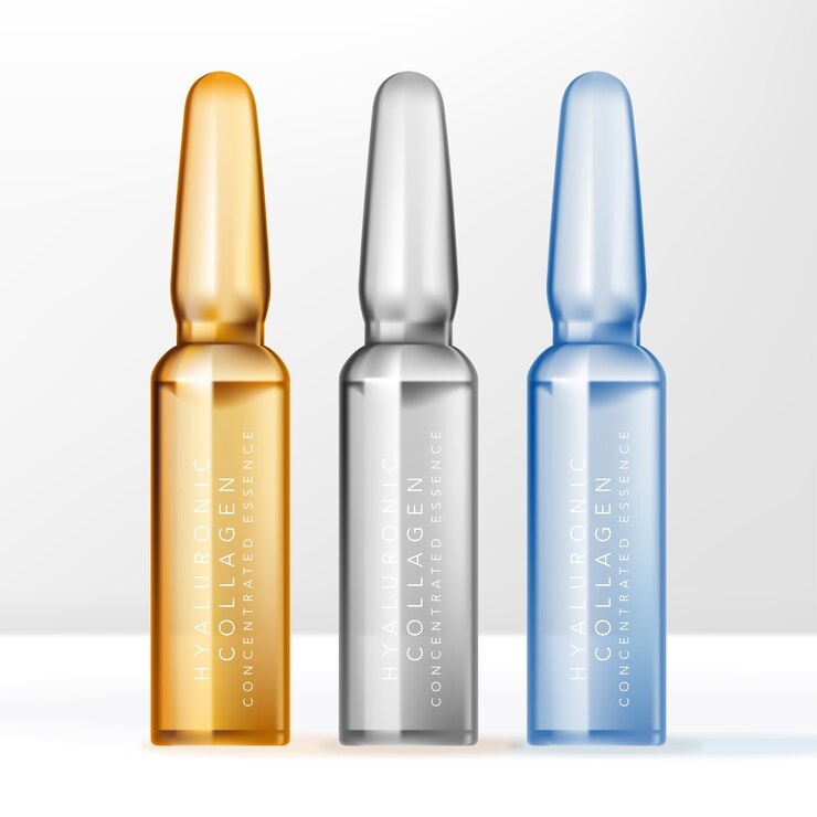 Contenedor de botellas de ampollas para productos de belleza o cuidado de la piel. Claro, azul y amarillo.