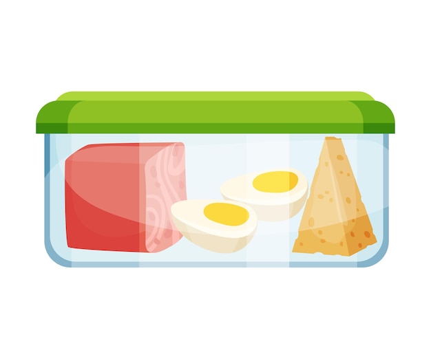 Vector contenedor cerrado de plástico o vidrio con alimentos en su interior ilustración vectorial concepto de conservación de alimentos