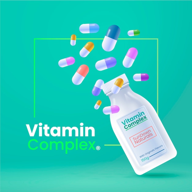 Contenedor de complejo vitamínico realista