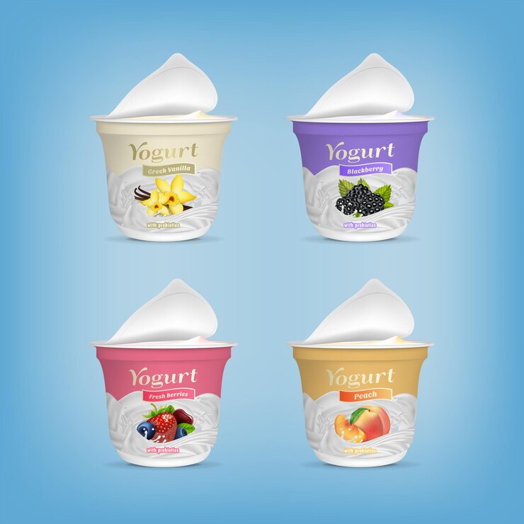 Vector contenedor de embalaje de yogur abierto detallado 3d realista vector de conjunto de sabores diferentes