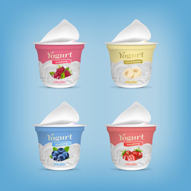 Vector contenedor de embalaje de yogur abierto detallado 3d realista vector de conjunto de sabores diferentes