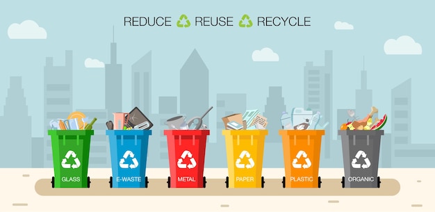 Contenedor de plástico para diferentes tipos de basura Paisaje urbano Concepto de gestión de residuos Separación